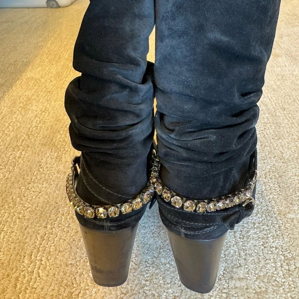Stuart Weitzman suede slouch boot with crystal straps 8